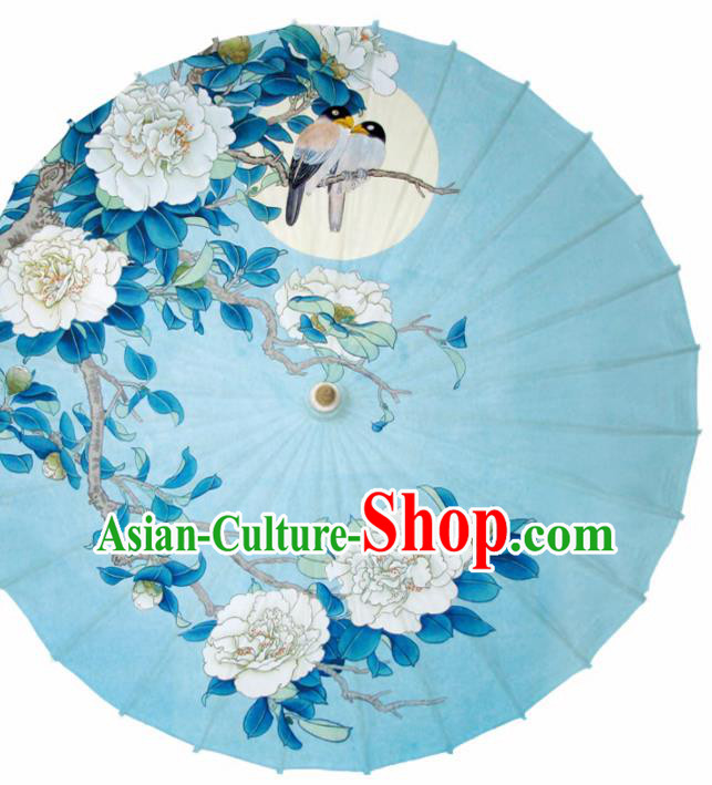 Chinese Printing Camellia Blue Oil Paper Umbrella Artware Paper Umbrella Traditional Classical Dance Umbrella Handmade Umbrellas