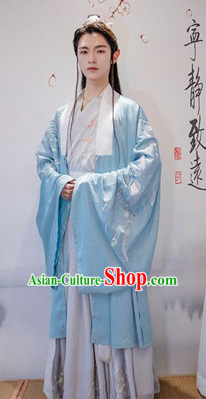 Chinese Ancient Prince Blue Costumes Traditional Ming Dynasty Nobility Childe Clothing for Men