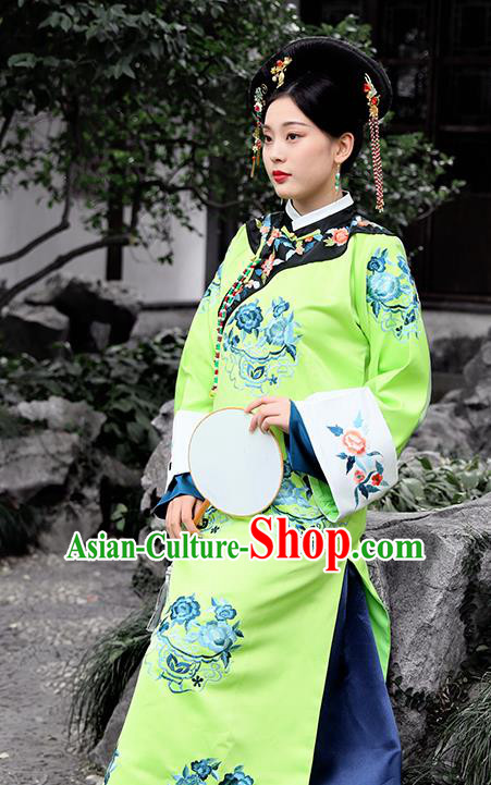 Chinese Drama Ancient Manchu Palace Lady Costumes Traditional Qing Dynasty Court Maid Green Dress for Women