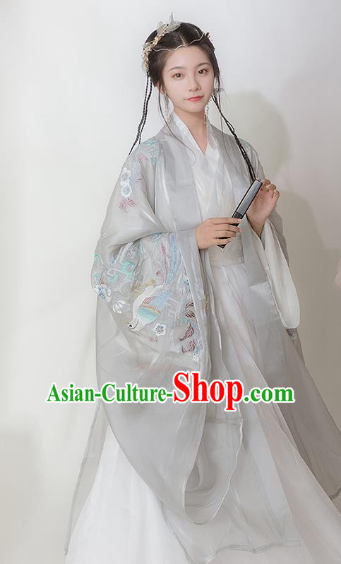 Chinese Ancient Hanfu Embroidered Grey Cardigan Traditional Ming Dynasty Princess Costumes for Women