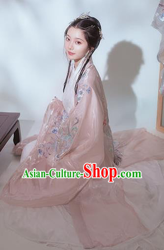 Chinese Ancient Hanfu Embroidered Light Pink Cardigan Traditional Ming Dynasty Princess Costumes for Women