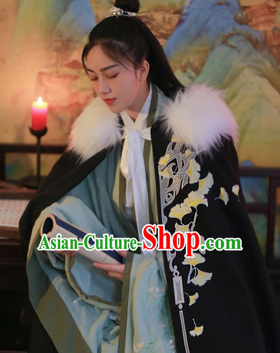 Chinese Ancient Swordsman Embroidered Ginkgo Black Cape Traditional Jin Dynasty Prince Clothing for Men