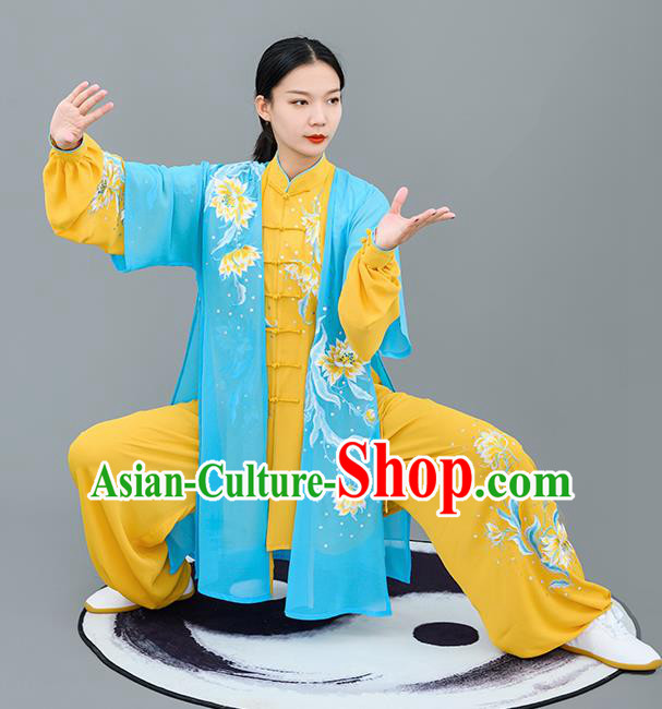 Chinese Traditional Tai Chi Performance Embroidered Epiphyllum Yellow Costumes Martial Arts Outfits for Women