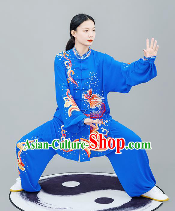 Chinese Traditional Tai Chi Training Embroidered Dragon Royalblue Costumes Martial Arts Performance Outfits for Women