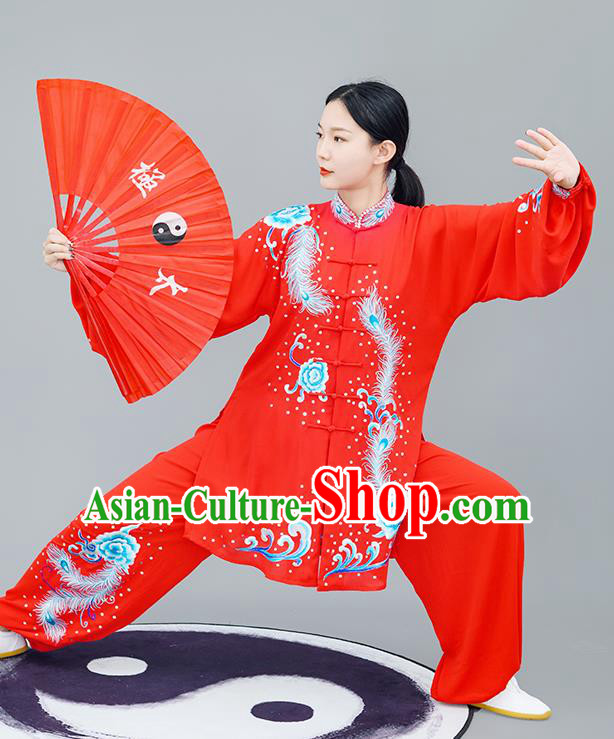 Chinese Traditional Tai Chi Training Embroidered Phoenix Peony Red Costumes Martial Arts Performance Outfits for Women