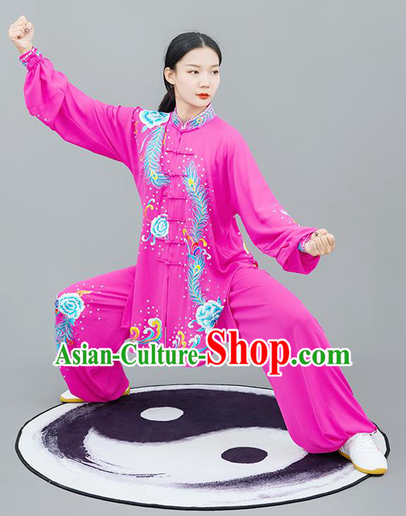 Chinese Traditional Tai Chi Training Embroidered Phoenix Peony Rosy Costumes Martial Arts Performance Outfits for Women