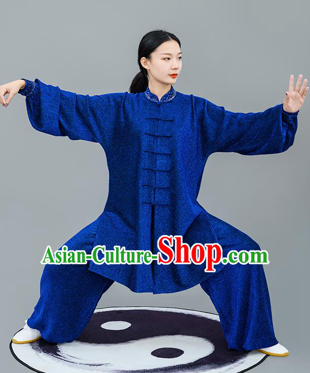 Chinese Traditional Tai Chi Training Bright Silk Royalblue Costumes Martial Arts Performance Outfits for Women