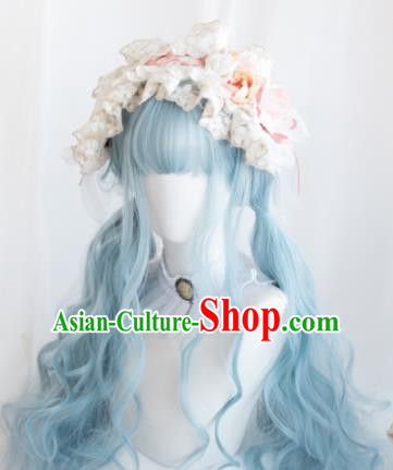 Top Grade Cosplay Blue Wigs Young Lady Long Curly Hair Wiggery Headdress for Women