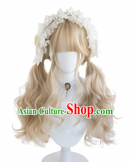 Top Grade Cosplay Light Golden Wigs Young Lady Long Curly Hair Wiggery Headdress for Women