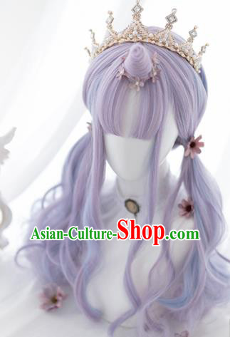 Top Grade Cosplay Lolita Purple Curly Wigs Young Lady Long Hair Wiggery Headdress for Women