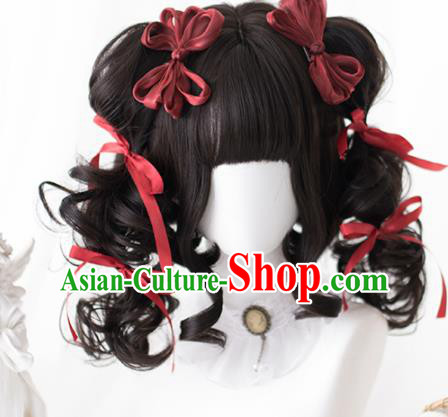 Top Grade Cosplay Lolita Brown Curly Wigs Young Lady Long Hair Wiggery Headdress for Women