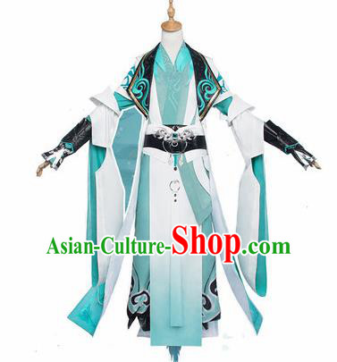 Chinese Traditional Cosplay Swordsman Blue Costumes Ancient Crown Prince Clothing for Men