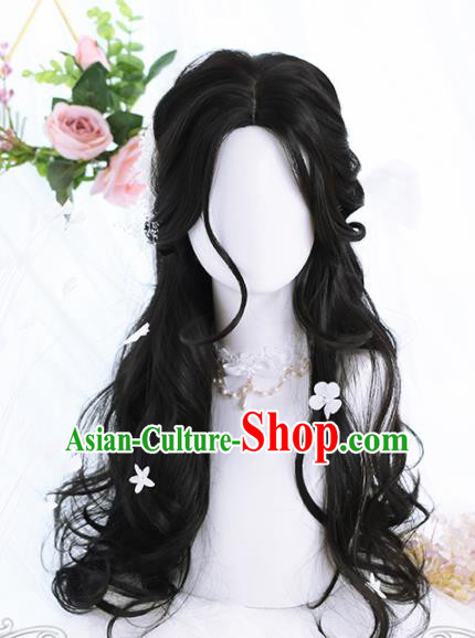 Top Grade Cosplay Lolita Black Curly Wigs Young Lady Long Hair Wiggery Headdress for Women