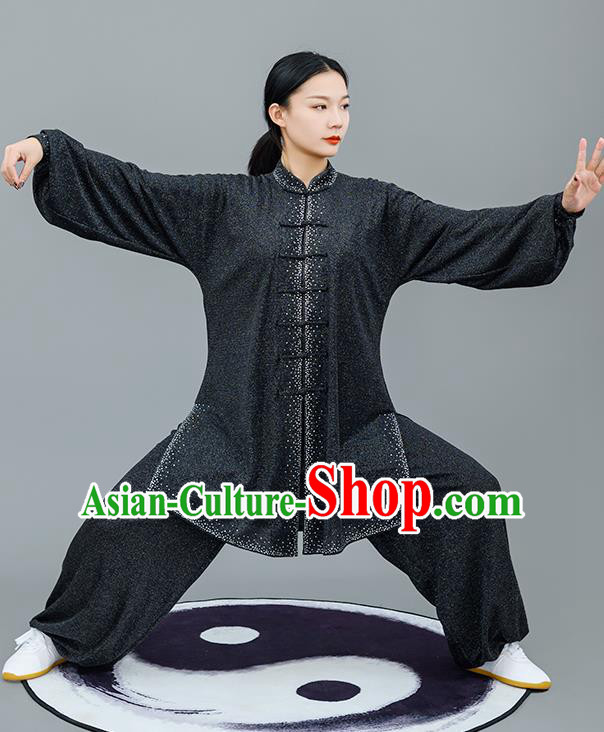 Chinese Traditional Tai Chi Training Bright Silk Black Costumes Martial Arts Performance Outfits for Women