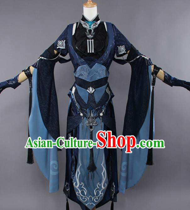 Chinese Traditional Cosplay Swordswoman Navy Costumes Ancient Female Knight Hanfu Dress for Women