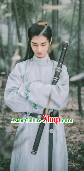 Chinese Traditional Cosplay Tang Dynasty Swordsman Blue Costumes Ancient Scholar Clothing for Men