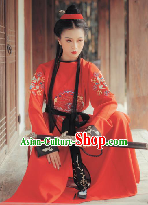 Chinese Traditional Tang Dynasty Swordswoman Costumes Ancient Female Knight Red Hanfu Dress for Women