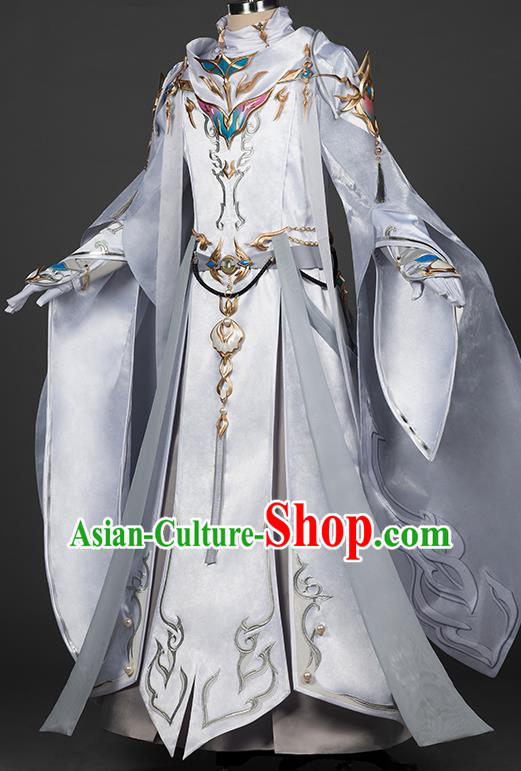 Chinese Traditional Cosplay Swordsman King White Costumes Ancient Young Knight Clothing for Men