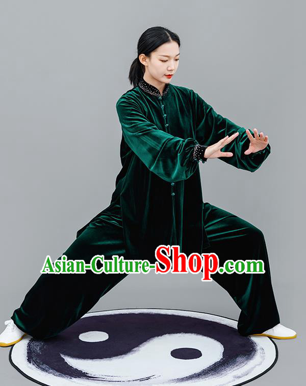 Chinese Traditional Tai Chi Training Green Velvet Costumes Martial Arts Performance Outfits for Women