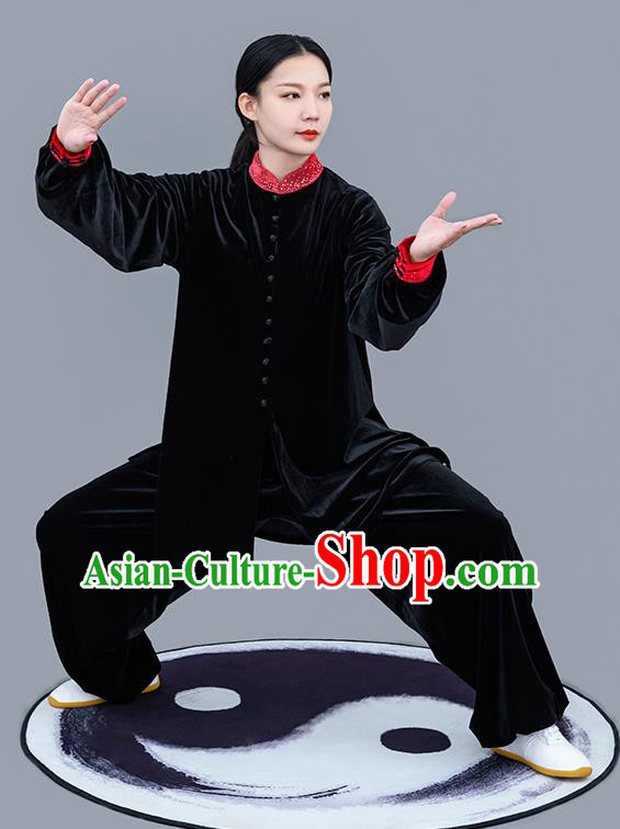 Chinese Traditional Tai Chi Training Black Velvet Costumes Martial Arts Performance Outfits for Women