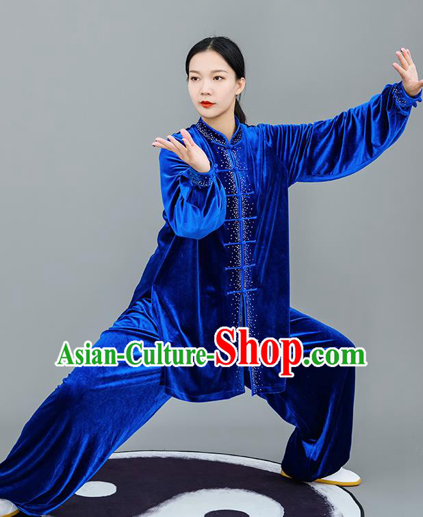 Chinese Traditional Tai Chi Training Royalblue Velvet Costumes Martial Arts Performance Outfits for Women