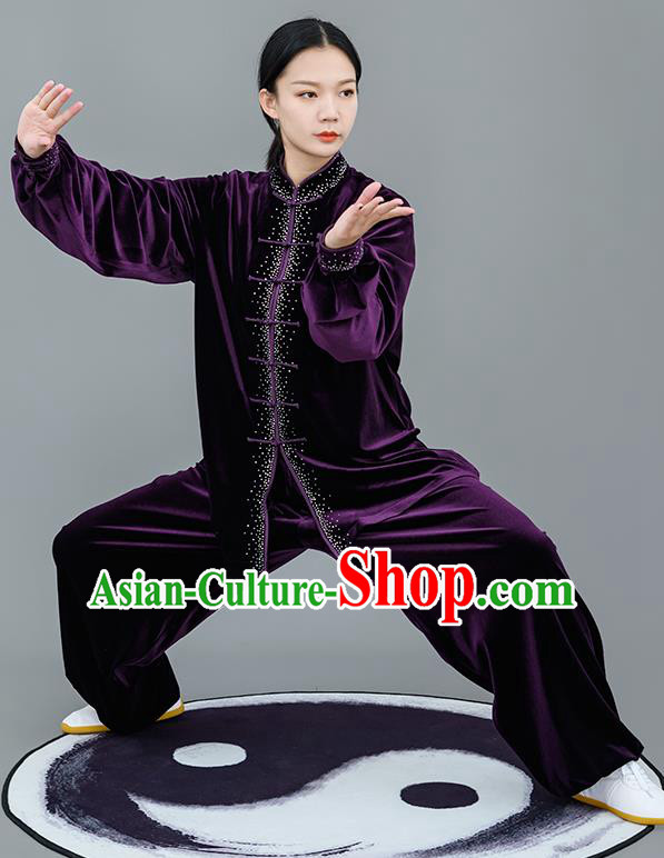 Chinese Traditional Tai Chi Training Purple Velvet Costumes Martial Arts Performance Outfits for Women