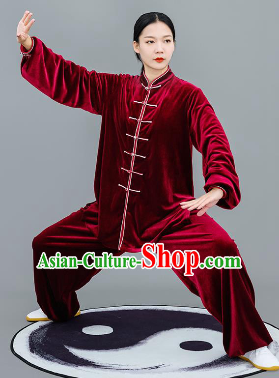 Chinese Traditional Tai Chi Training Purplish Red Velvet Costumes Martial Arts Performance Outfits for Women