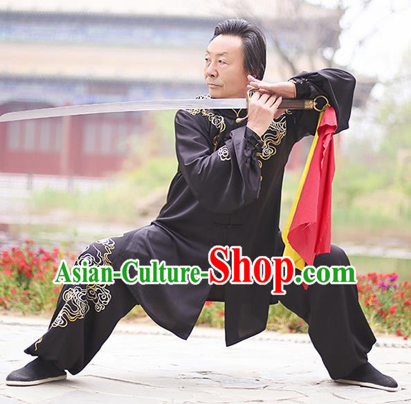 Chinese Traditional Tai Chi Training Embroidered Clouds Black Costumes Martial Arts Performance Outfits for Men