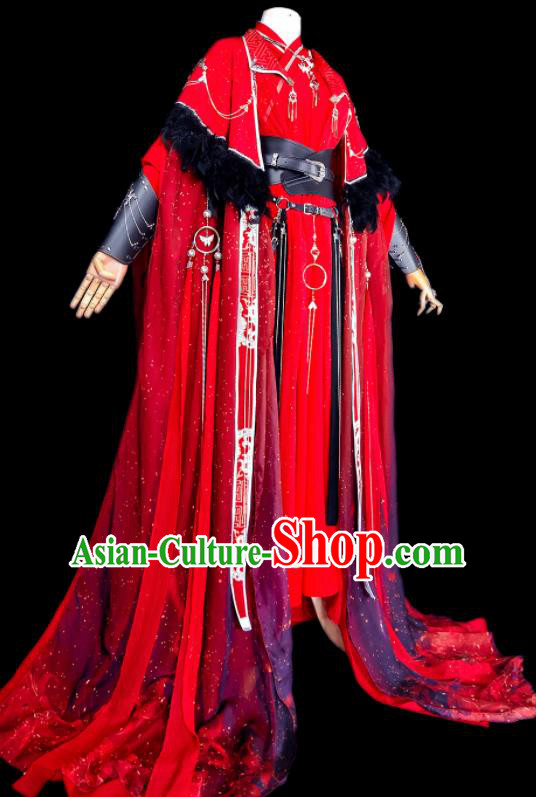 Chinese Traditional Cosplay Swordsman Wedding Costumes Ancient Royal Highness King Red Clothing for Men