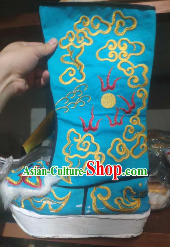 Chinese Traditional Beijing Opera Blue Embroidered Dragon Boots Peking Opera Takefu Shoes for Men