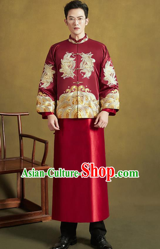 Chinese Traditional Wedding Tang Suit Costumes Ancient Bridegroom Embroidered Blouse and Long Gown for Men