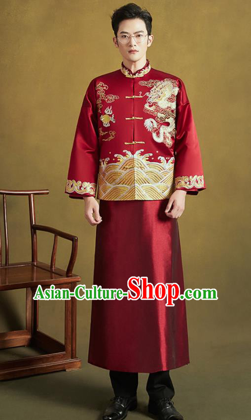 Chinese Traditional Wedding Tang Suit Costumes Ancient Bridegroom Embroidered Dragon Blouse and Long Gown for Men