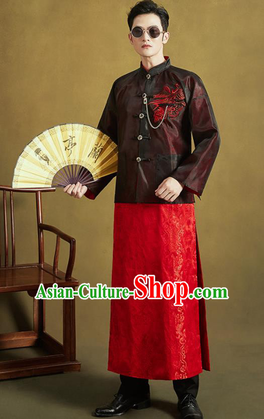 Chinese Traditional Wedding Tang Suit Costumes Ancient Bridegroom Embroidered Black Mandarin Jacket and Red Long Gown for Men