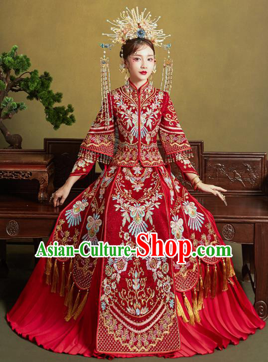 Chinese Traditional Embroidered Xiu He Suit Ancient Wedding Red Dress Bride Costumes for Women