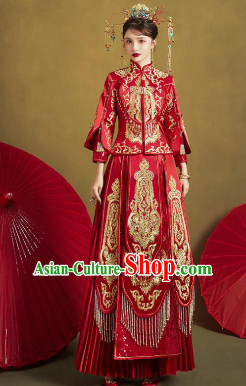 Chinese Traditional Red Xiu He Suit Embroidered Wedding Dress Ancient Bride Costumes for Women