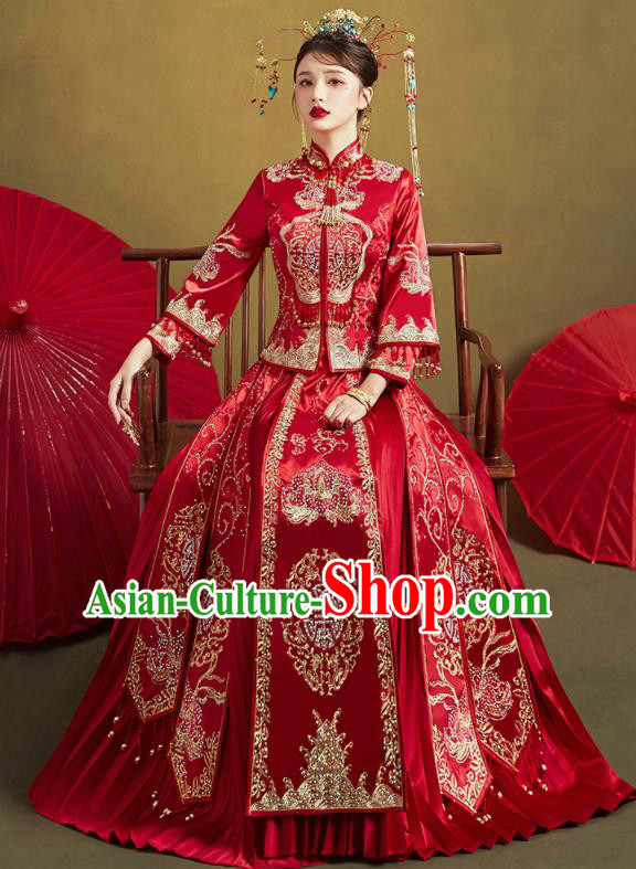 Chinese Traditional Drilling Red Xiu He Suit Embroidered Wedding Dress Ancient Bride Costumes for Women