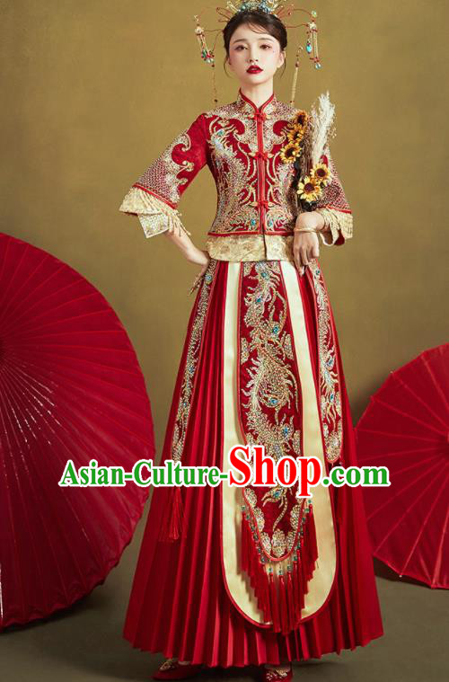 Chinese Traditional Drilling Red Xiu He Suit Embroidered Phoenix Wedding Dress Ancient Bride Costumes for Women