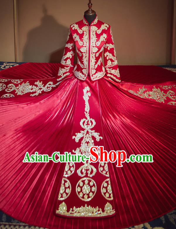 Chinese Traditional Embroidered Drilling Red Xiu He Suit Wedding Dress Ancient Bride Costumes for Women