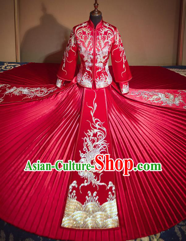 Chinese Traditional Embroidered Drilling Phoenix Red Xiu He Suit Wedding Dress Ancient Bride Costumes for Women