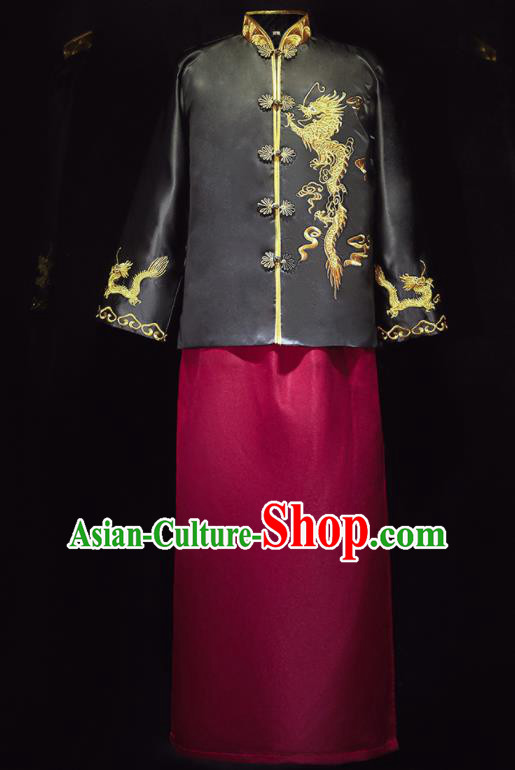 Chinese Ancient Bridegroom Embroidered Black Mandarin Jacket and Wine Red Long Gown Traditional Wedding Tang Suit Costumes for Men