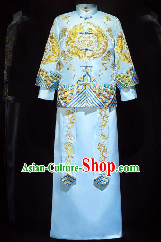 Chinese Ancient Bridegroom Embroidered Blue Mandarin Jacket and Long Gown Traditional Wedding Tang Suit Costumes for Men