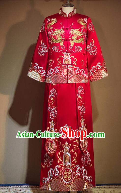 Chinese Ancient Bridegroom Embroidered Red Mandarin Jacket and Long Gown Traditional Wedding Tang Suit Costumes for Men