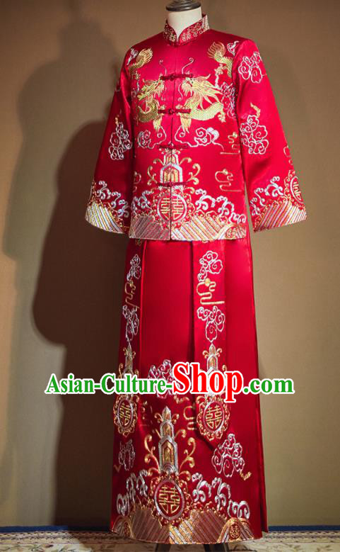 Chinese Ancient Bridegroom Embroidered Red Mandarin Jacket and Long Gown Traditional Wedding Tang Suit Costumes for Men
