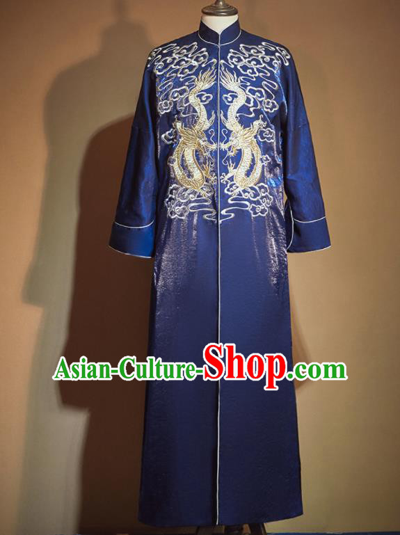 Chinese Ancient Bridegroom Embroidered Blue Long Gown Traditional Wedding Tang Suit Costumes for Men