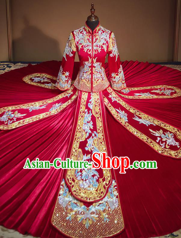 Chinese Traditional Embroidered Drilling Red Xiu He Suit Wedding Dress Ancient Bride Costumes for Women