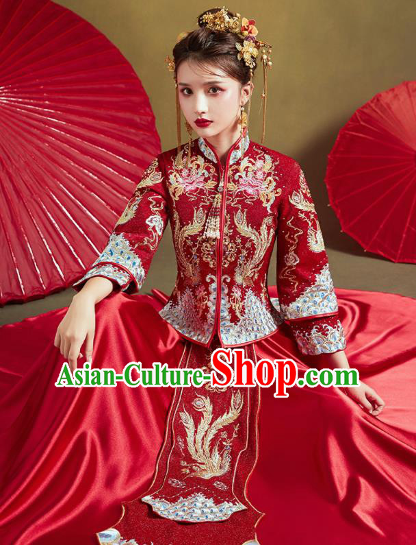 Chinese Traditional Drilling Red Xiu He Suit Embroidered Phoenix Peony Wedding Dress Ancient Bride Costumes for Women