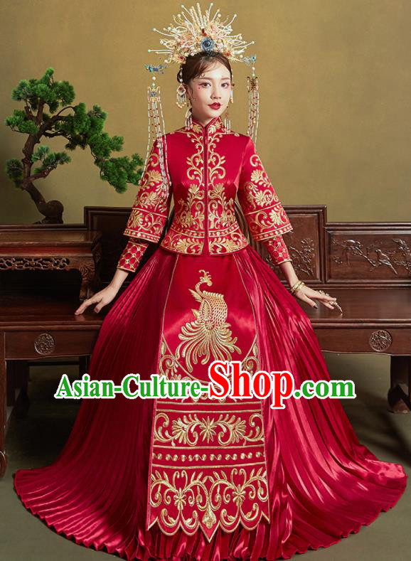 Chinese Traditional Red Xiu He Suit Embroidered Phoenix Wedding Dress Ancient Bride Costumes for Women