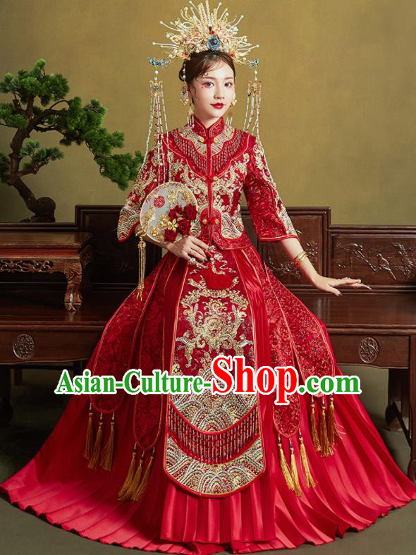 Chinese Traditional Red Xiu He Suit Embroidered Drilling Wedding Dress Ancient Bride Costumes for Women