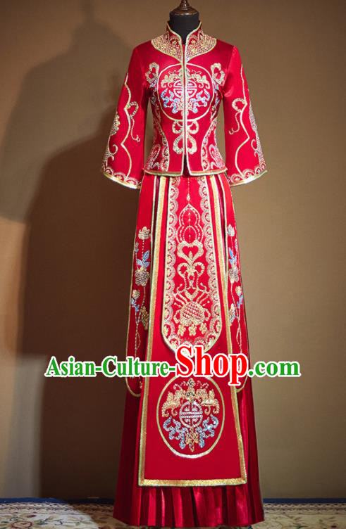 Chinese Traditional Embroidered Red Xiu He Suit Ancient Wedding Dress Bride Costumes for Women