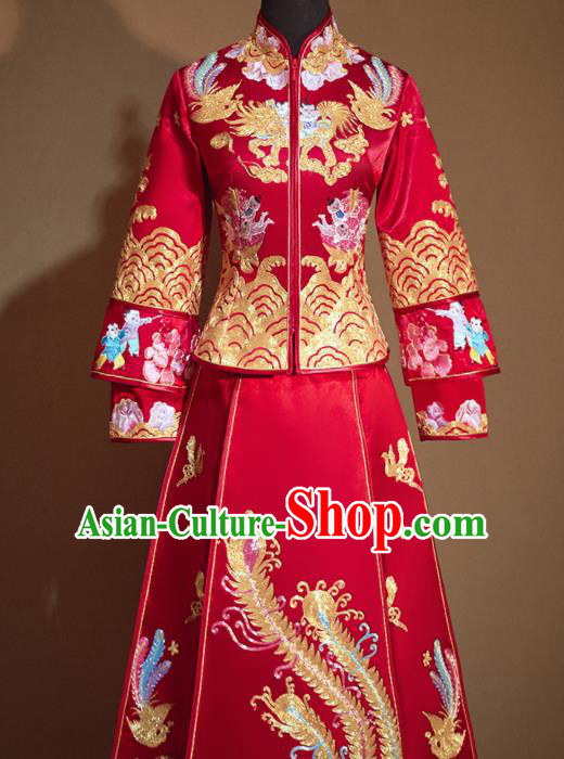 Chinese Traditional Embroidered Playing Boys Red Xiu He Suit Ancient Wedding Dress Bride Costumes for Women